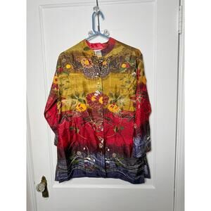 Vintage Chico's Silk Vibrant Floral Mandarin Collar Floral Blouse Kimono SZ 1 M